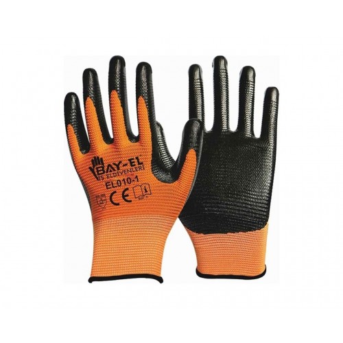 BAY-EL EL008 No:10 Siyah 1/2 Nitril Kaplı Zebra Örme Turuncu Extra Naylon Eldiven BAY-EL EL008 No:10 Siyah 1/2 Nitril Kaplı Zebra Örme Turuncu Extra Naylon Eldiven