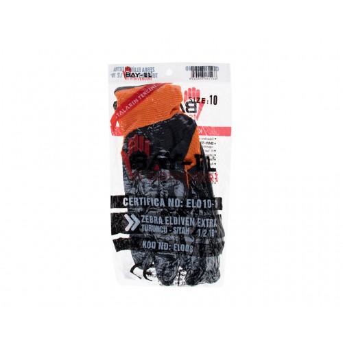 BAY-EL EL008 No:10 Siyah 1/2 Nitril Kaplı Zebra Örme Turuncu Extra Naylon Eldiven BAY-EL EL008 No:10 Siyah 1/2 Nitril Kaplı Zebra Örme Turuncu Extra Naylon Eldiven