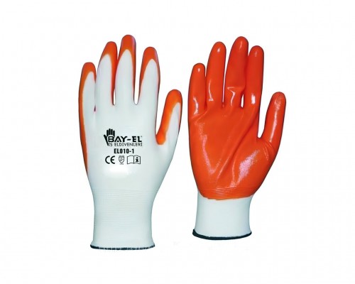 EL003 NO:10 Turuncu Nitril Kaplı Örme Beyaz Naylon Eldiven