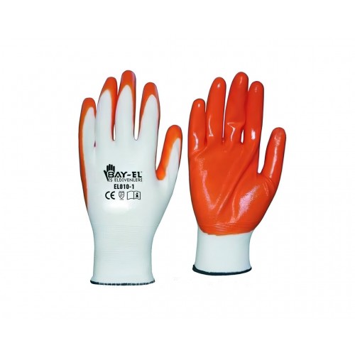 EL003 NO:10 Turuncu Nitril Kaplı Örme Beyaz Naylon Eldiven EL003 NO:10 Turuncu Nitril Kaplı Örme Beyaz Naylon Eldiven