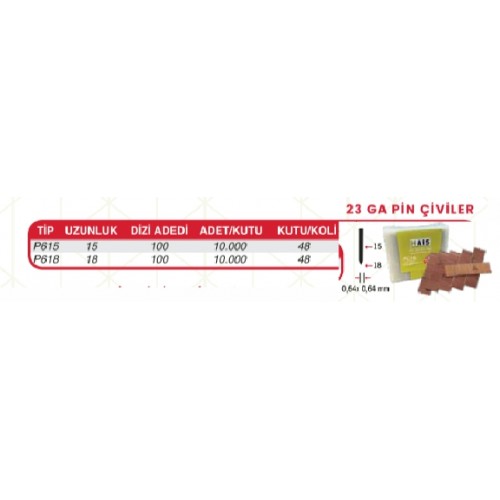 HAİS 23GA Pin Çivi P618 Başsız HAİS 23GA Pin Çivi P618 Başsız