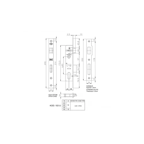 Kale 153 U Silindirli Gömme Kilit 20 mm Dar Tip